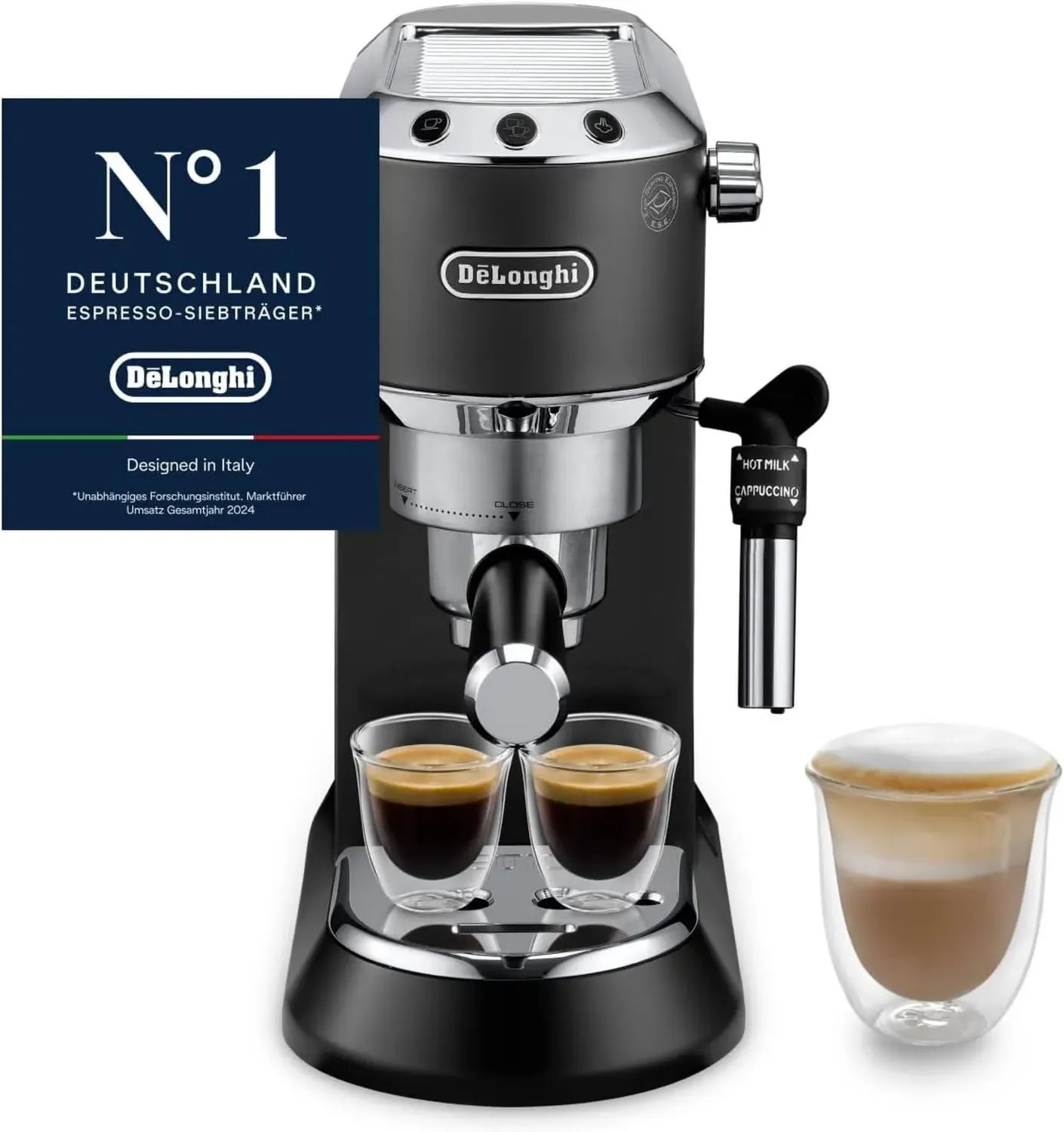 De'Longhi Dedica Style Espressomaschine – Kompakt, mit manuellem Milchaufschäumer, ESE Pad-kompatibel, Schwarz